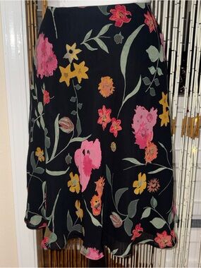 Liz Claiborne Black A-Line Skirt with Pink & Yellow Floral Print Size 14